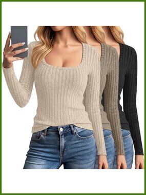 3 Pack Women's Long Sleeve Scoop Neck Ribbed Knit Slim Fit Pullover Sweaters